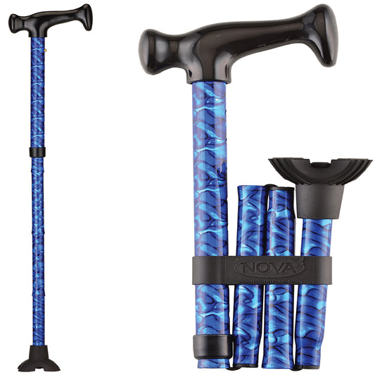 Folding Cane with Mini Quad Tip, Blue Waves